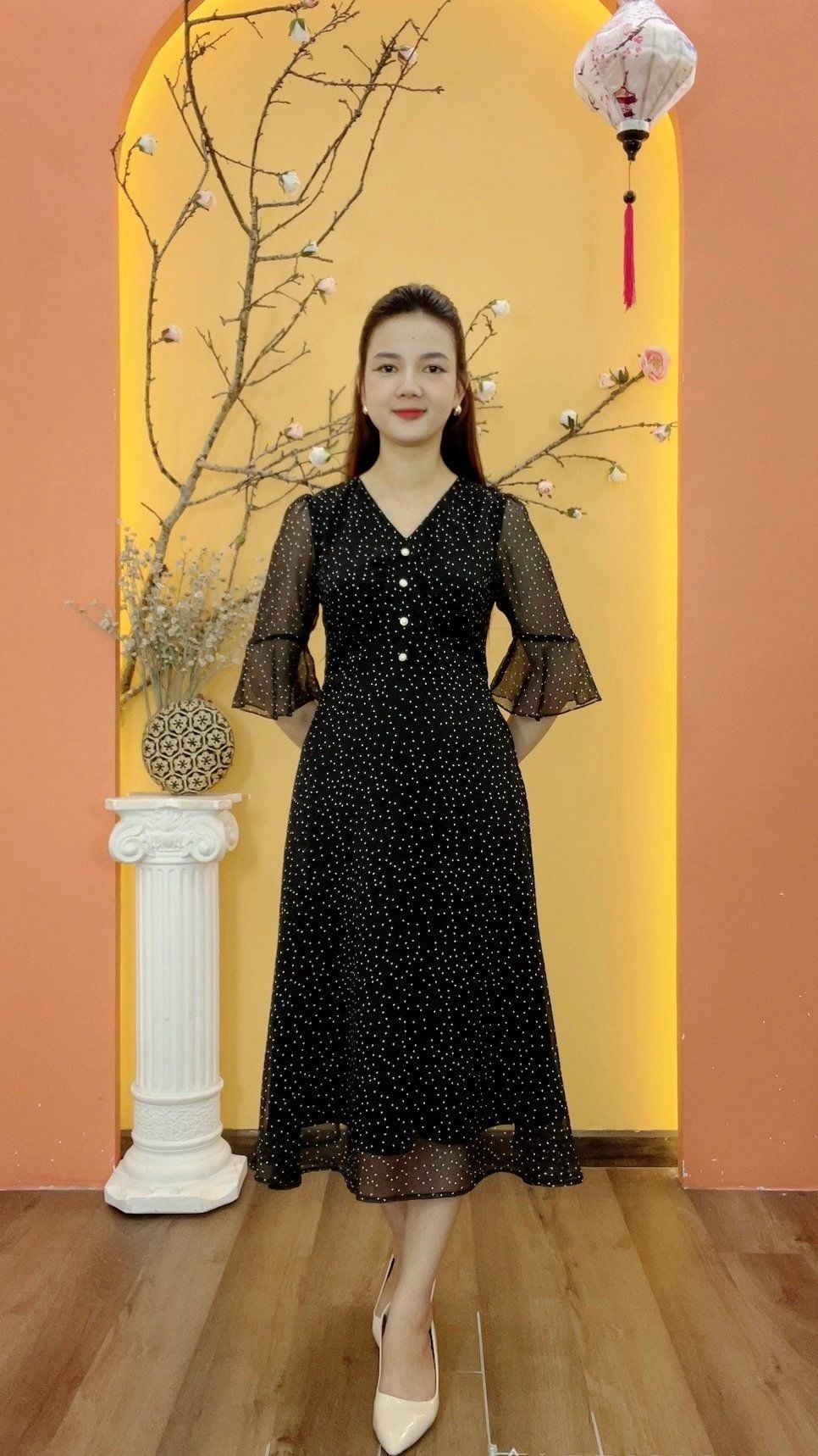 Đầm xòe - Cổ tim kết nút tay lỡ - CV - Đen chấm bi trắng - TTV1963