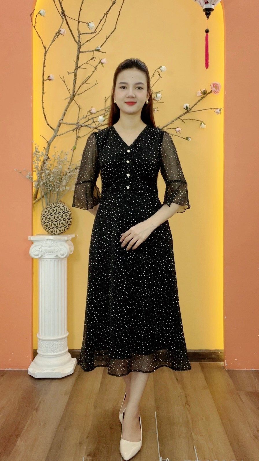 Đầm xòe - Cổ tim kết nút tay lỡ - CV - Đen chấm bi trắng - TTV1963