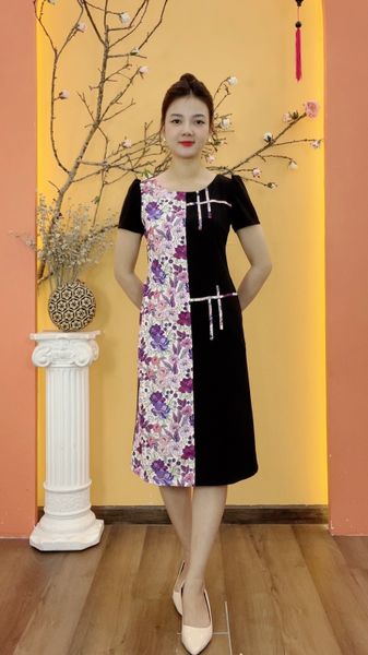 Đầm suông - Cổ tròn tay ngắn - AH - Đen hoa - TTV1957