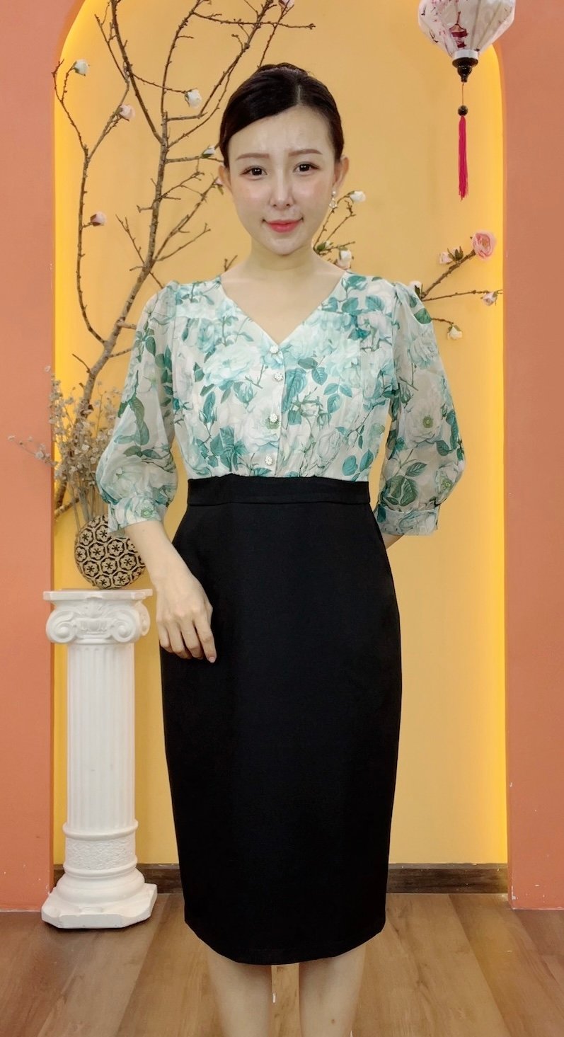 Đầm body - Cổ tim kết nút tay lỡ - CT - Xanh ngọc hoa - TTV1920