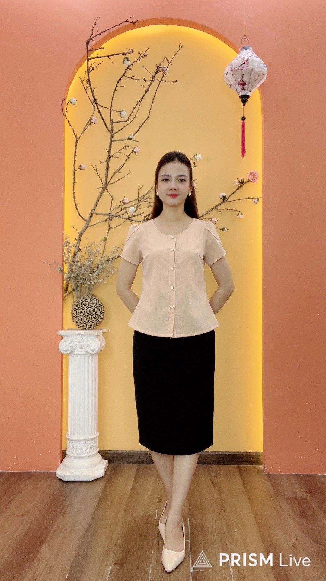 Áo - Cổ tròn kết nút thắt nơ tay ngắn - CT - Cam pastel - TTV1964