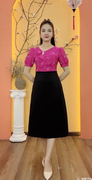 Đầm Form A - Cổ tim lệch kết ngọc tay ngắn - CD - Hồng sen - TTV1937