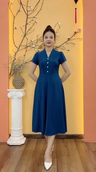 Đầm xòe - Cổ V kết nút tay ngắn - CD - Xanh cổ vịt - TTV1979