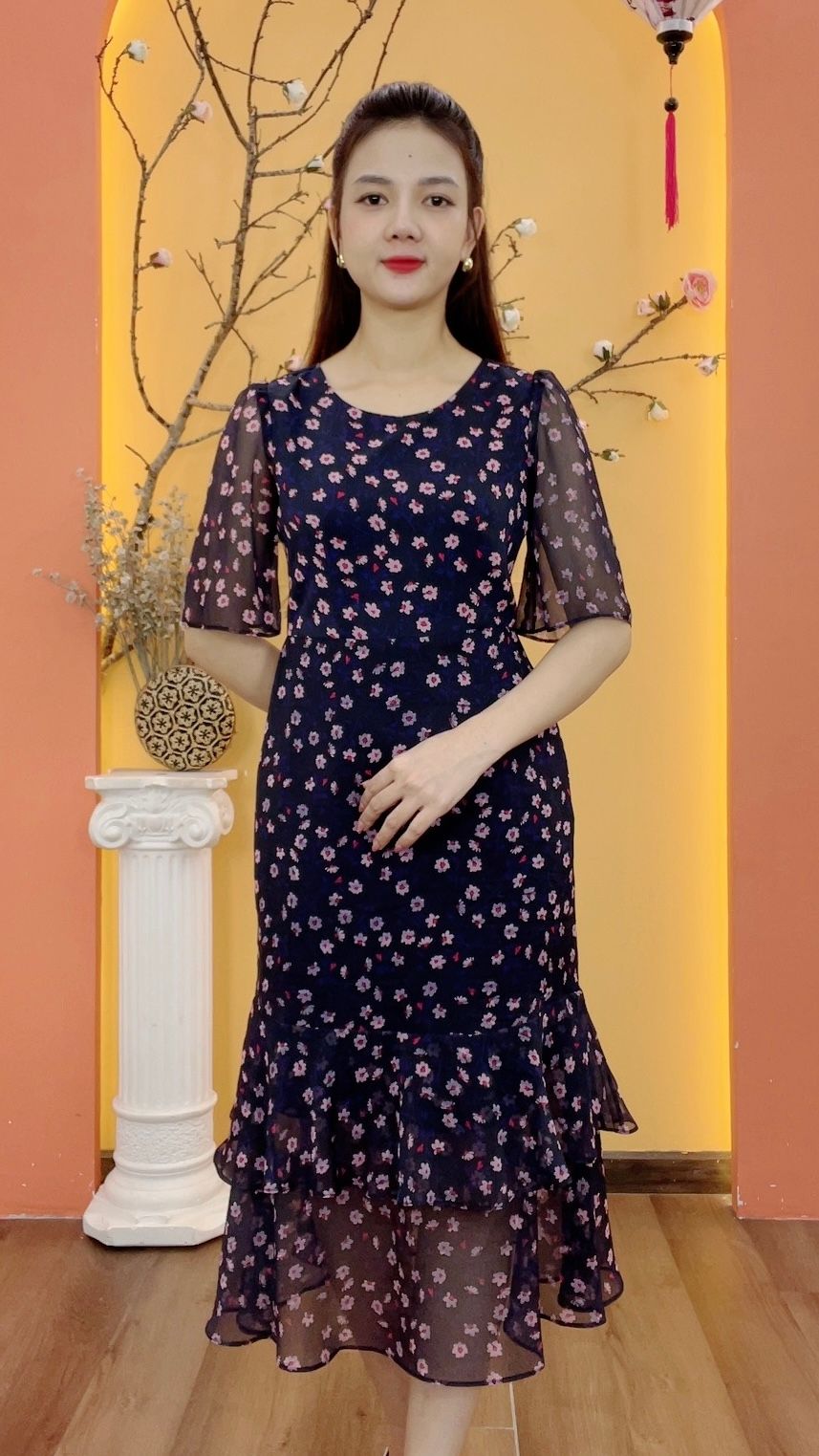 Đầm form A đuôi cá - Cổ tròn tay lỡ - AH - Xanh đen hoa - TTV1950