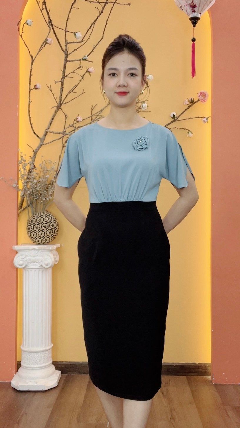 Đầm body - Cổ tròn tay cánh dơi - CD - Đen xanh - TTV1974