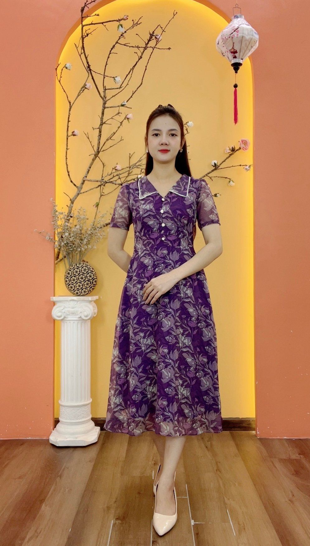 Đầm xòe - Cổ lá sen nhọn kết nút tay ngắn - CD - Tím hoa - TTV1934