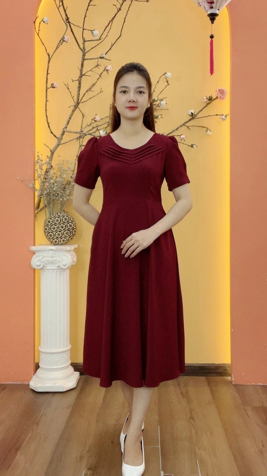 Đầm xòe - Cổ vuông tim xếp li tay ngắn - CV - Đỏ rượu - TTV1980