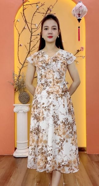 Đầm xòe - Cổ tim bèo tay sát nách thắt nơ eo - CD - Trắng hoa nâu - TTV1944