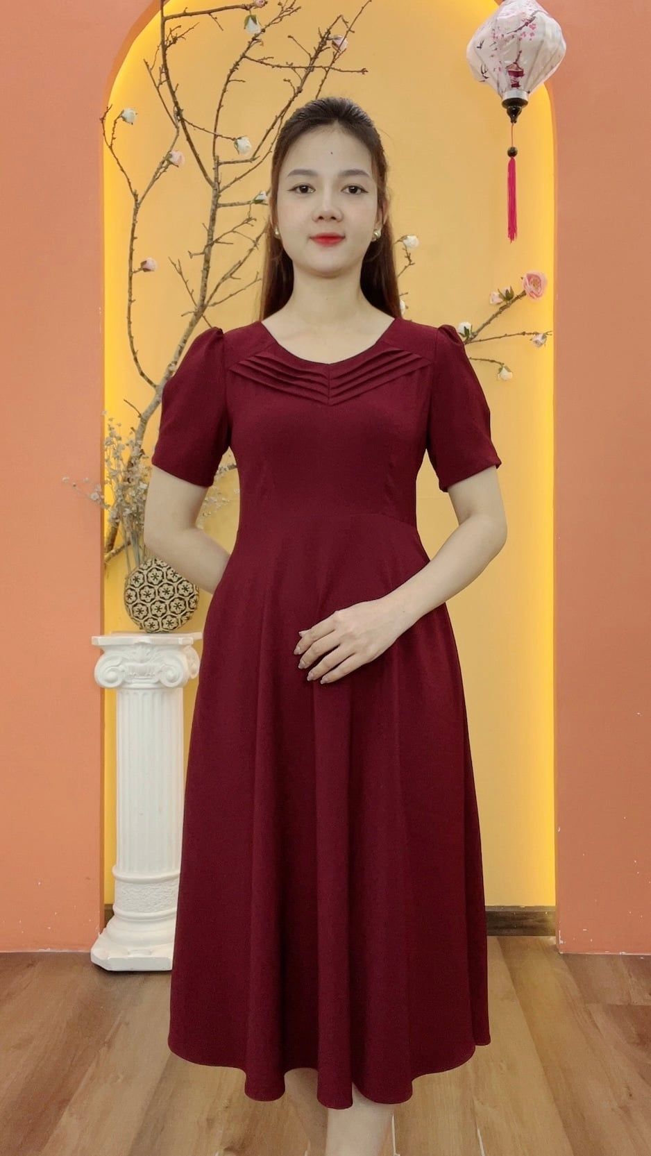 Đầm xòe - Cổ vuông tim xếp li tay ngắn - CV - Đỏ rượu - TTV1980