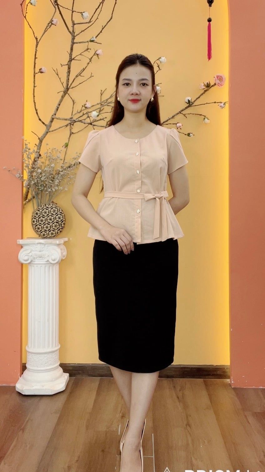 Áo - Cổ tròn kết nút thắt nơ tay ngắn - CT - Cam pastel - TTV1964