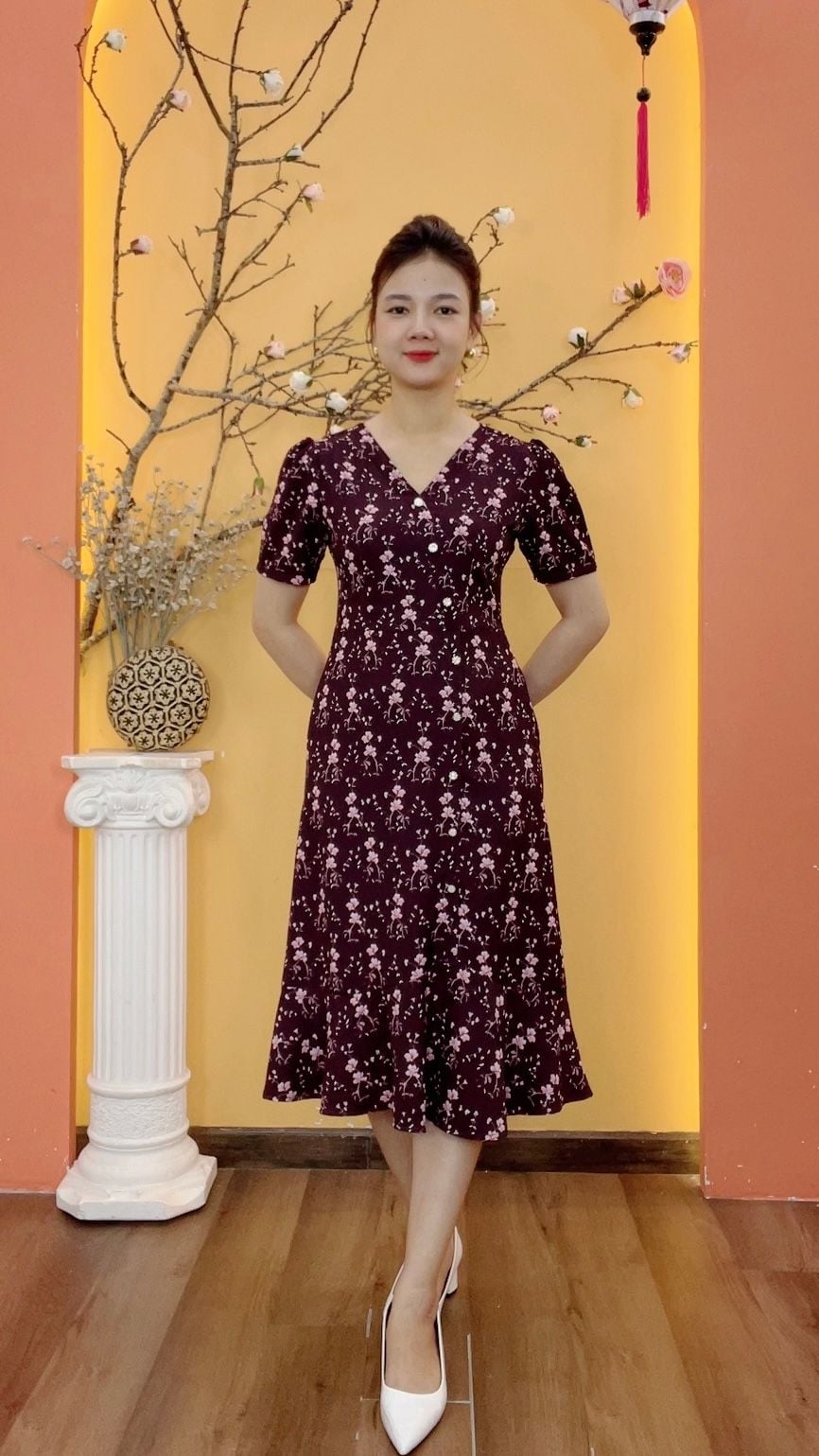 Đầm form A - Cổ tim kết nút tay ngắn - AH - Đỏ rượu hoa - TTV1975