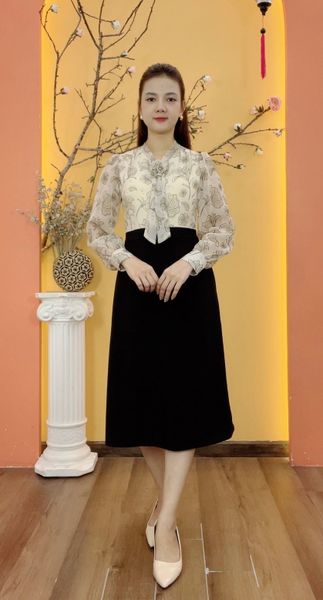 Đầm form A - Cổ V tay dài - CV - Kem hoa -  TTV1931#