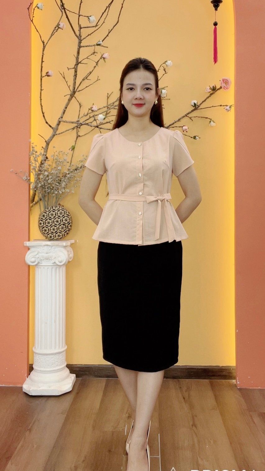 Áo - Cổ tròn kết nút thắt nơ tay ngắn - CT - Cam pastel - TTV1964