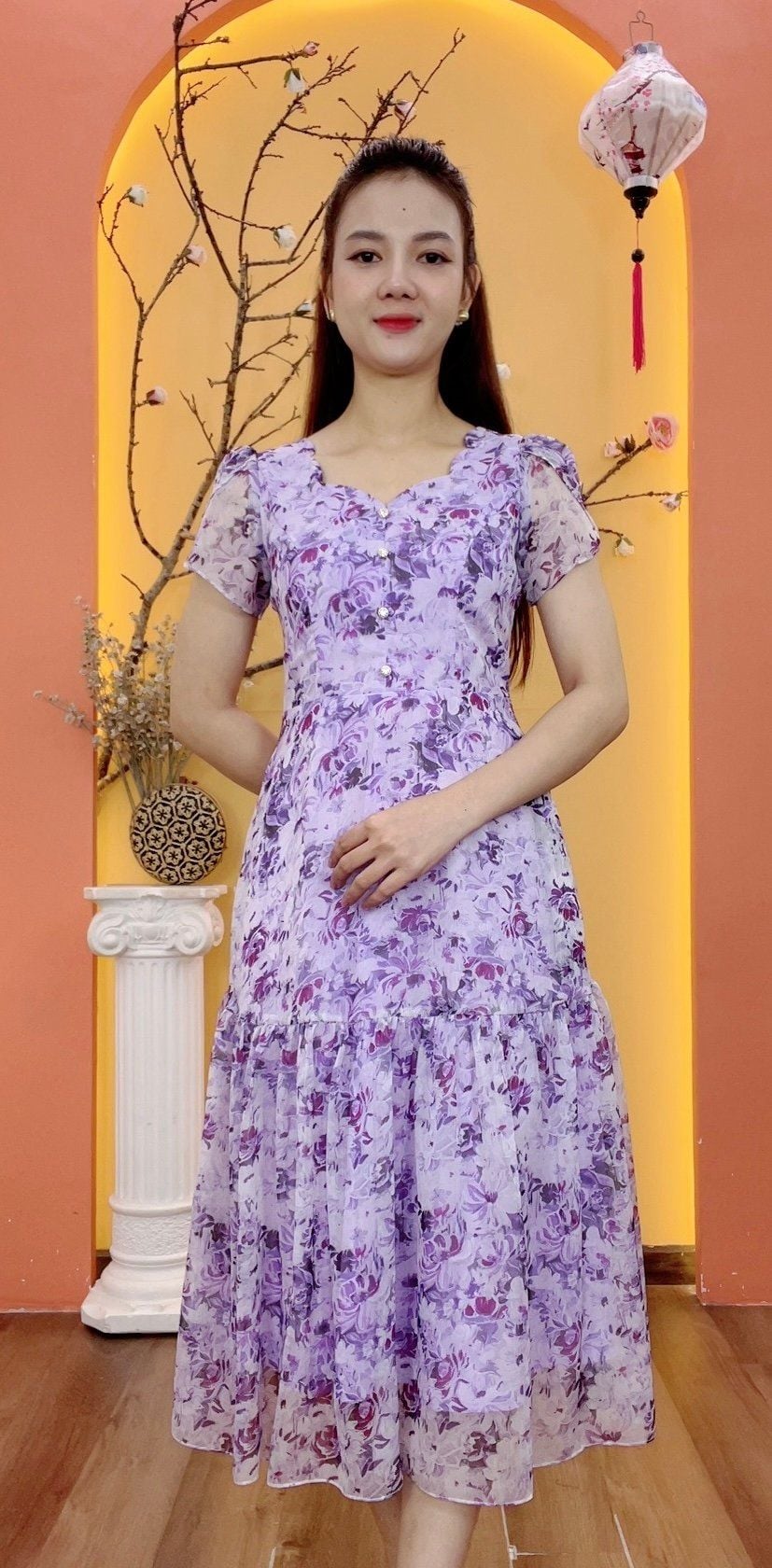 Đầm maxi - Cổ tim sóng nước kết nút tay ngắn - CT - Tím hoa - TTV1936