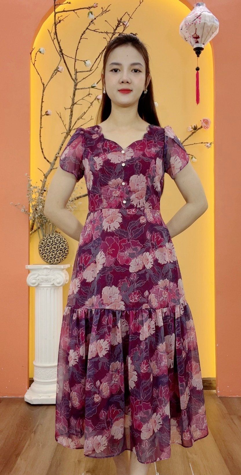 Đầm maxi - Cổ tim sóng nước kết nút tay ngắn - CT - Đỏ rượu hoa - TTV1936