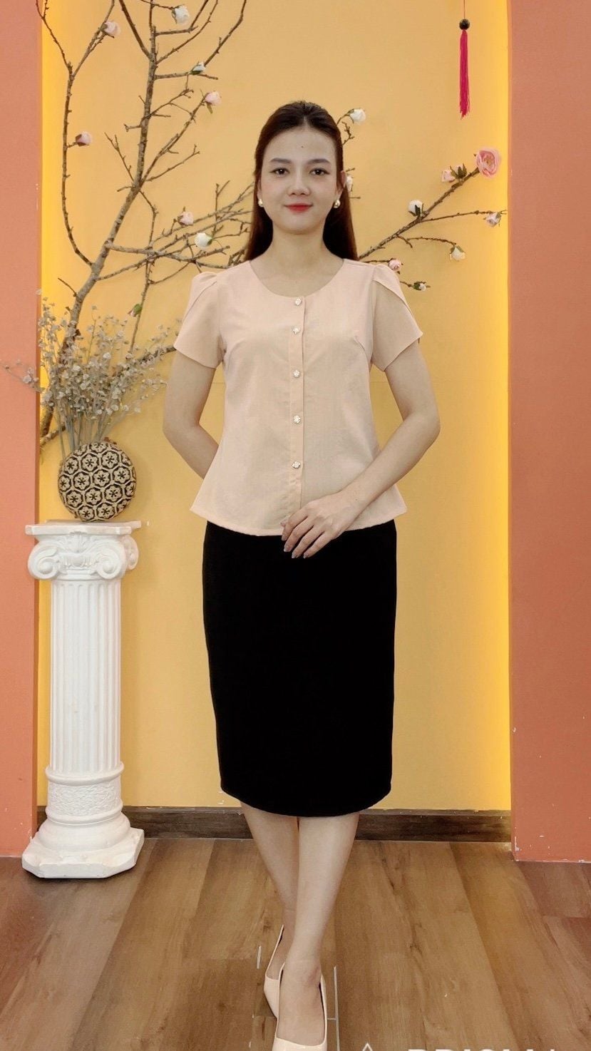 Áo - Cổ tròn kết nút thắt nơ tay ngắn - CT - Cam pastel - TTV1964