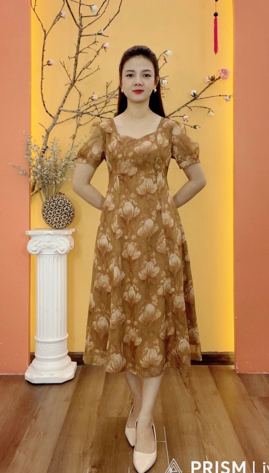 Đầm suông xòe - Cổ vuông tim tay ngắn - AH - Nâu gỗ hoa - TTV1943