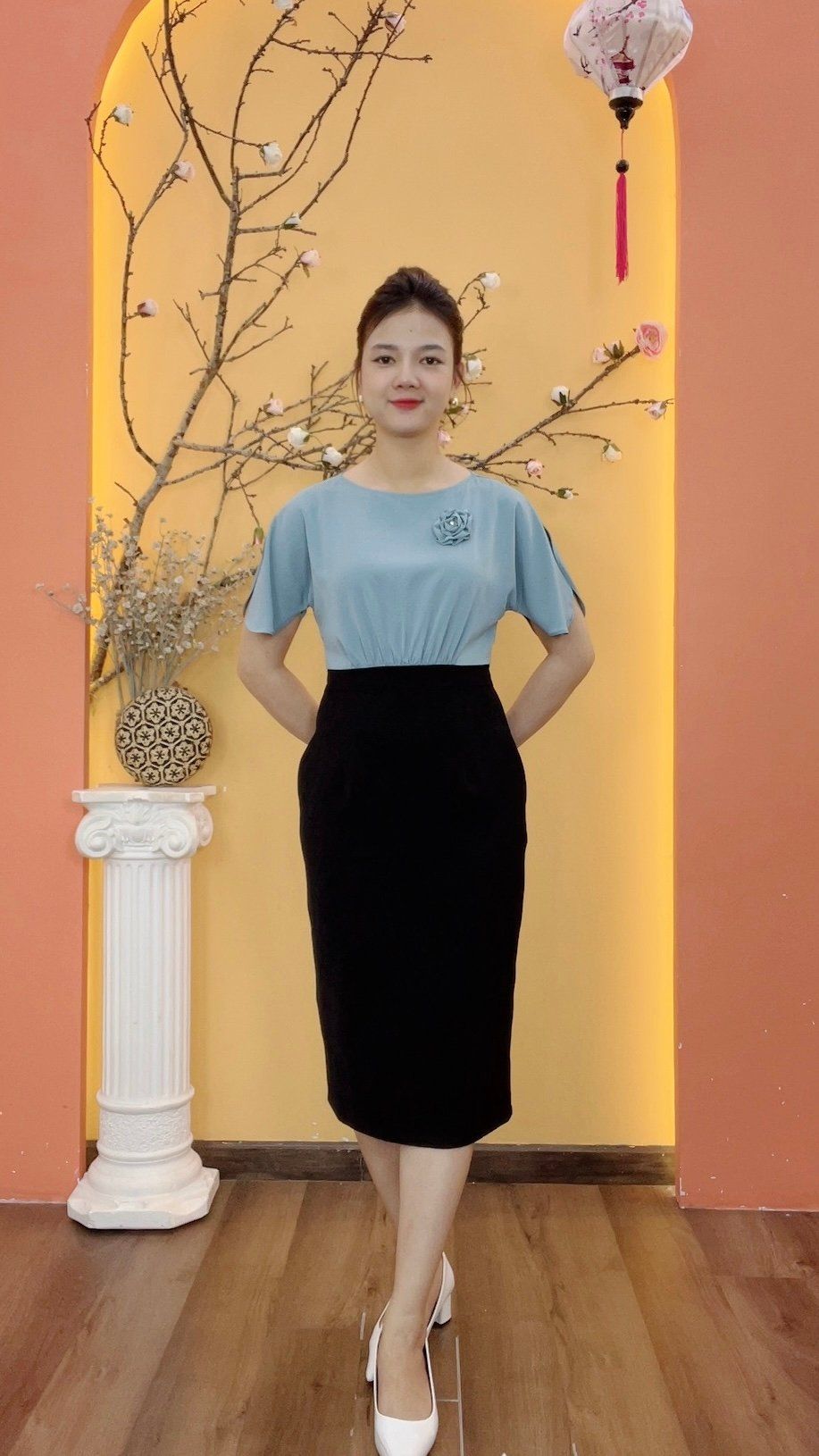 Đầm body - Cổ tròn tay cánh dơi - CD - Đen xanh - TTV1974