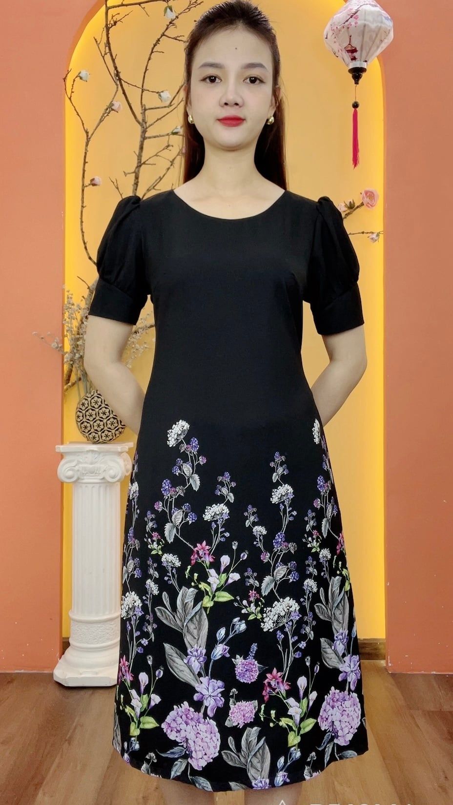 Đầm suông - Cổ tròn tay ngắn phồng  - CD - Đen hoa - TTV1955