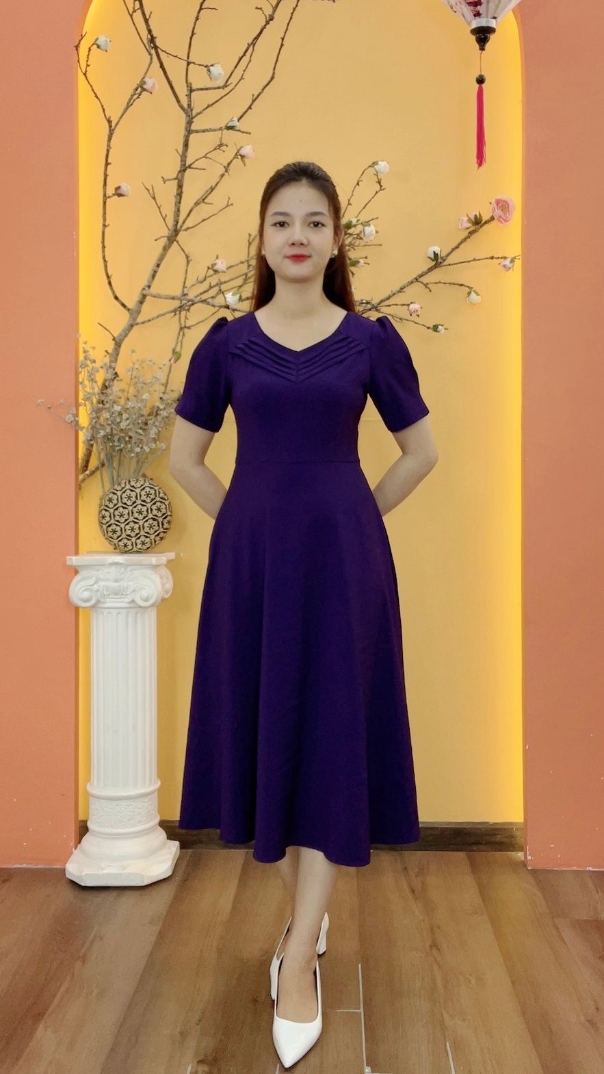Đầm xòe - Cổ vuông tim xếp li tay ngắn - CV - Tím huế - TTV1980