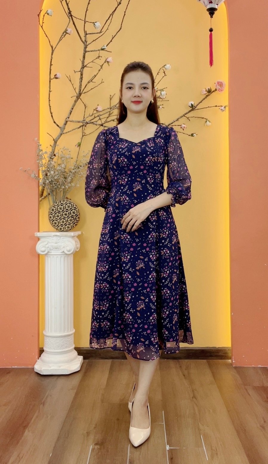 Đầm xòe 8 mảnh - Cổ vuông tim tay lỡ - AH - Xanh tím hoa nhí - TTV1930