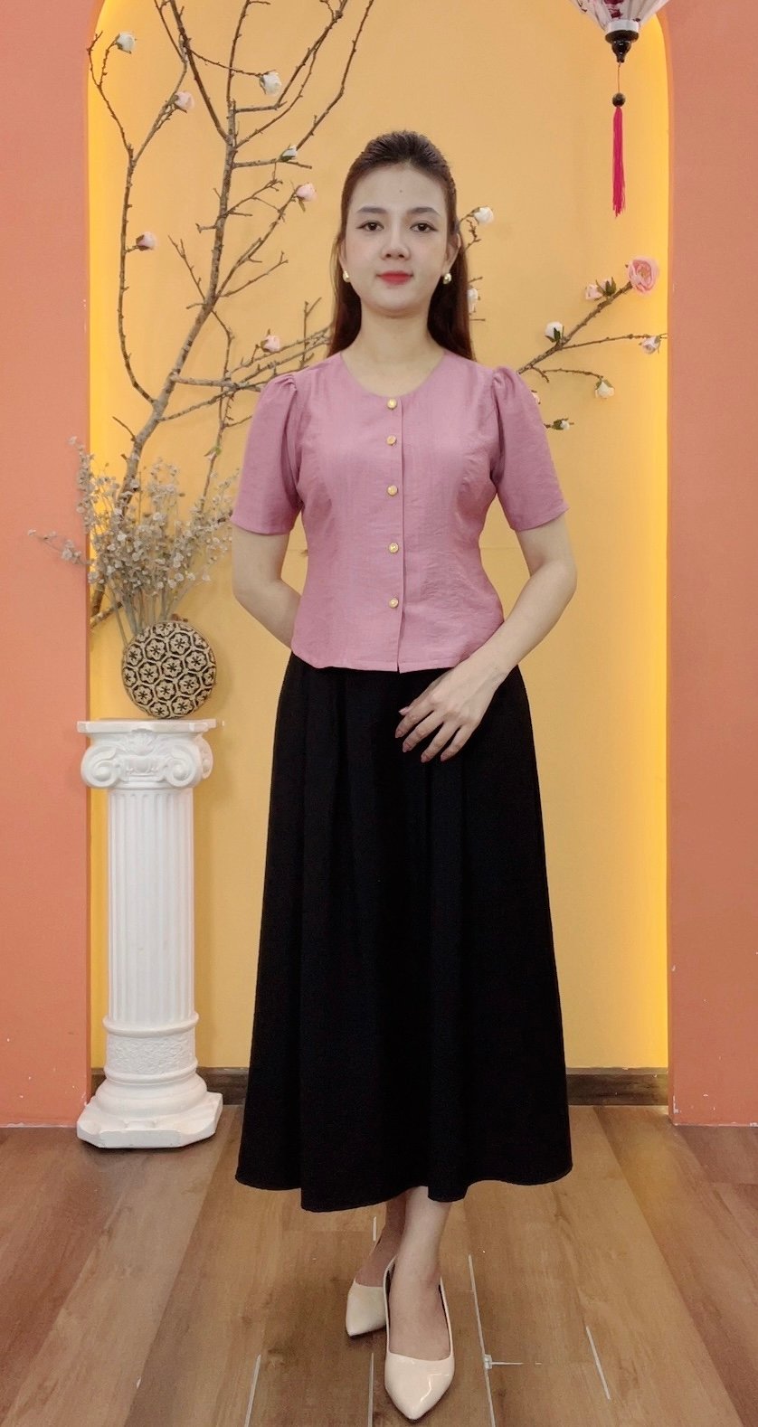 Áo - Cổ tròn kết nút tay ngắn - CT - Hồng ruốc  - TTV1933