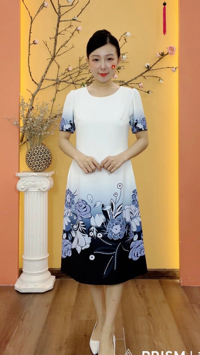 Đầm suông - Cổ tròn tay ngắn - CD - Trắng hoa - TTV1954