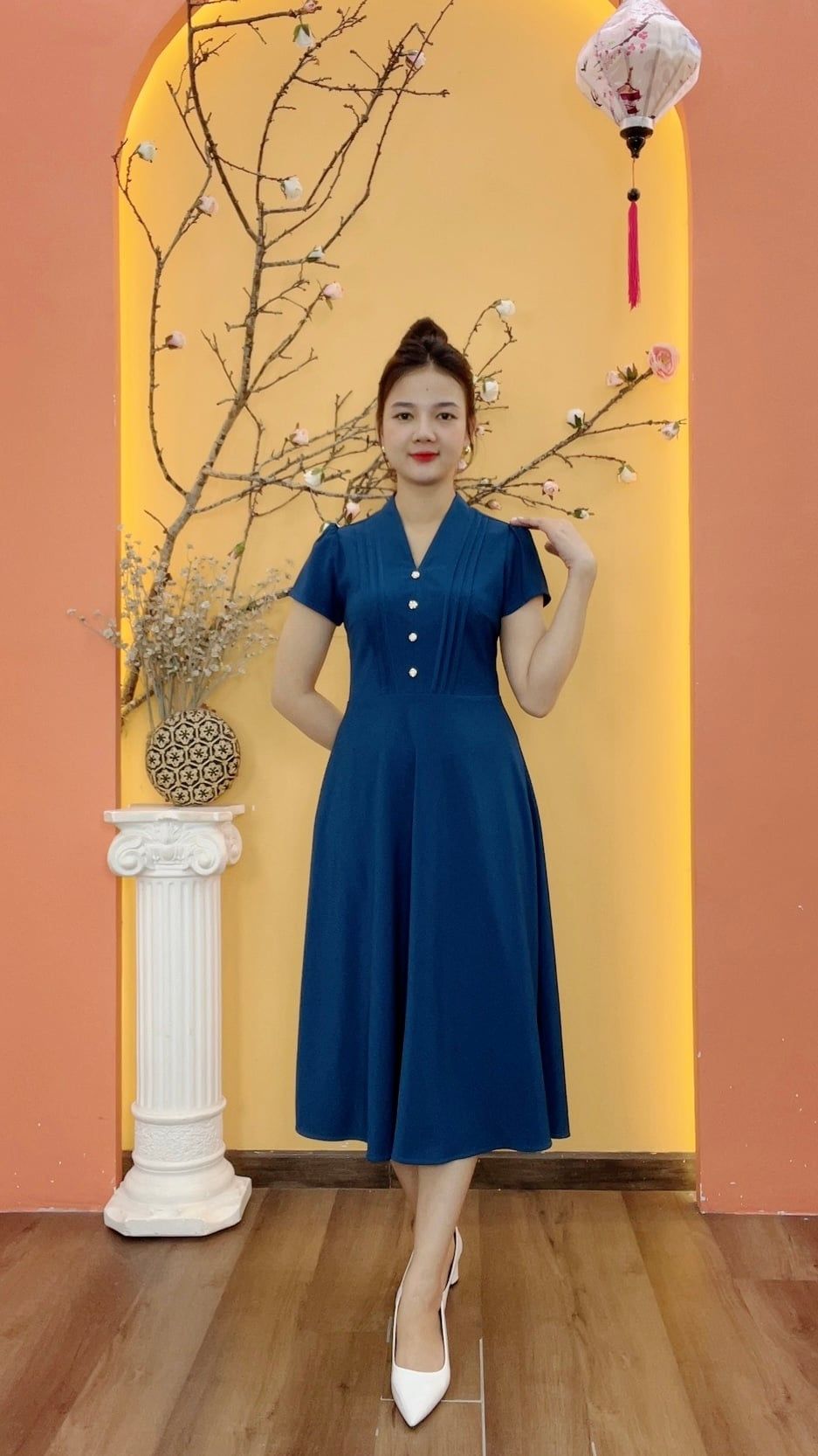 Đầm xòe - Cổ V kết nút tay ngắn - CD - Xanh cổ vịt - TTV1979