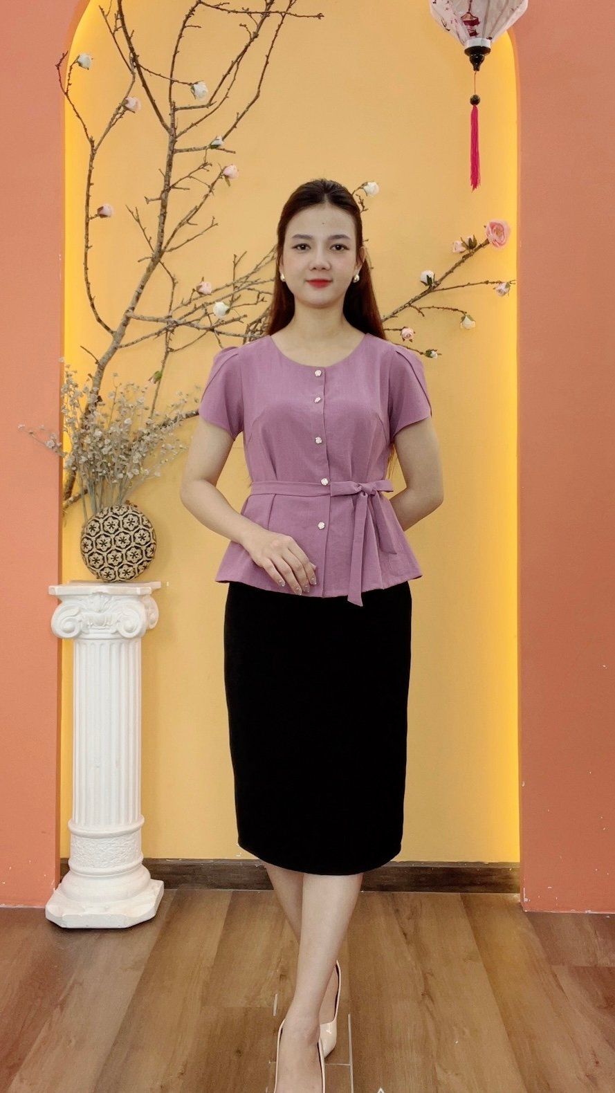 Áo - Cổ tròn kết nút thắt nơ tay ngắn - CT - Tím - TTV1964