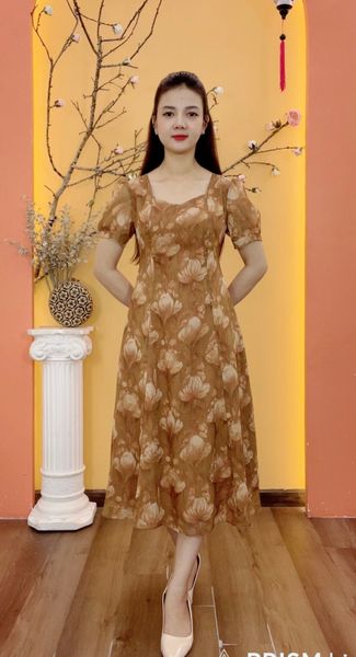 Đầm suông xòe - Cổ vuông tim tay ngắn - AH - Nâu gỗ hoa - TTV1943