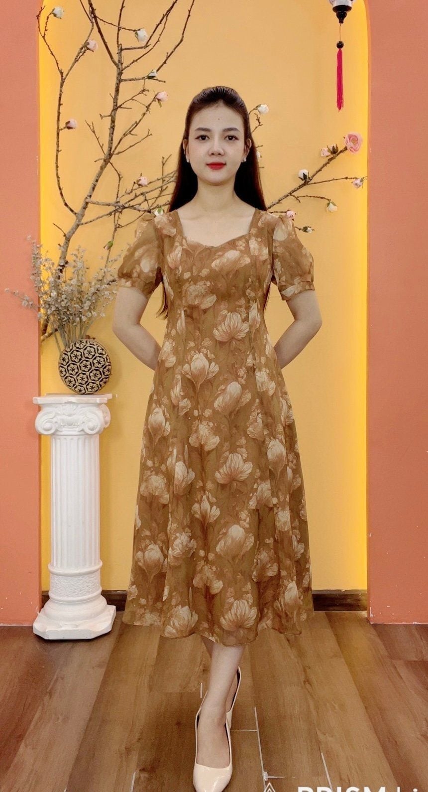 Đầm suông xòe - Cổ vuông tim tay ngắn - AH - Nâu gỗ hoa - TTV1943