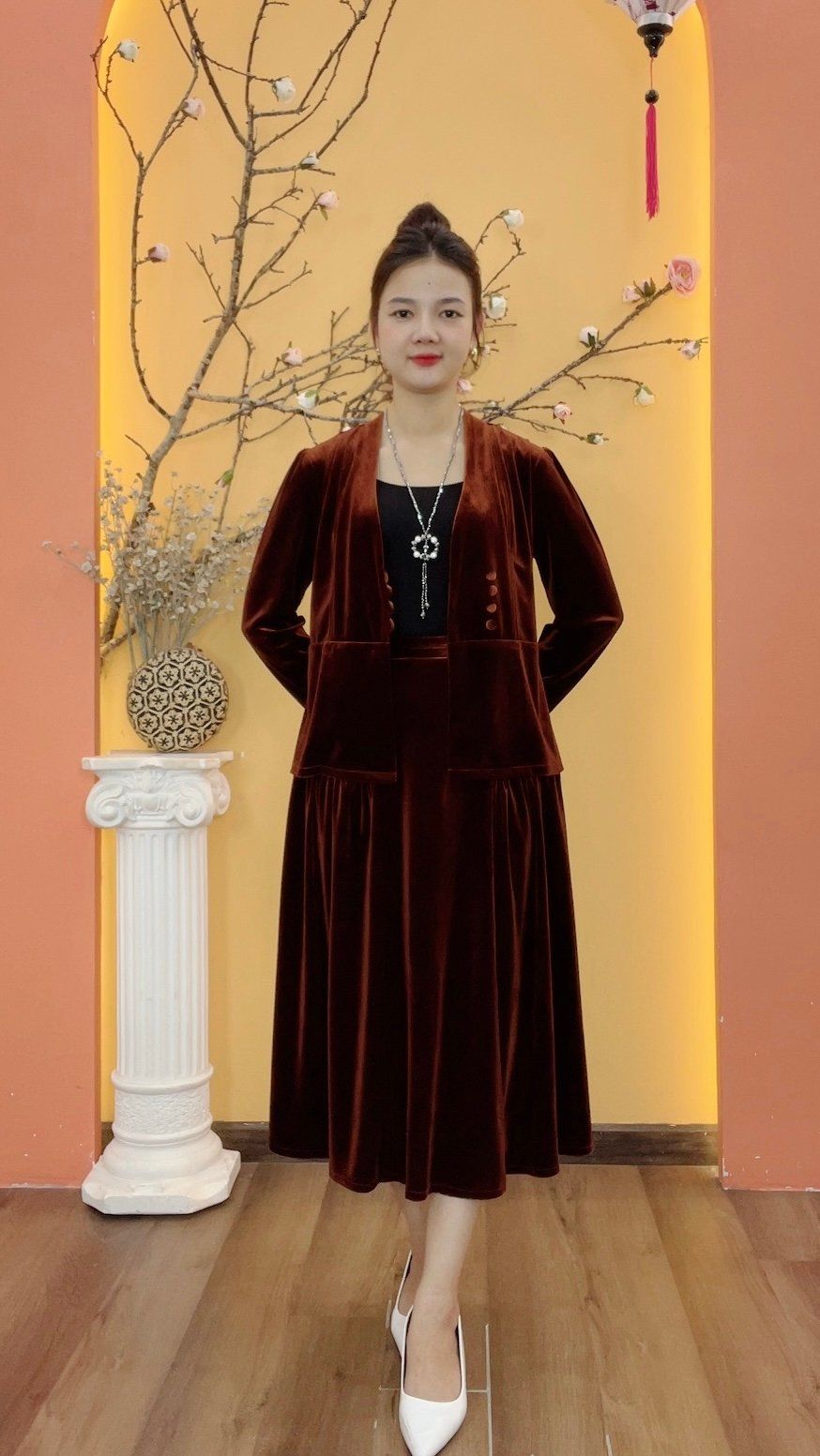 Set áo chân váy nhung - CD - Nâu - TTV1986