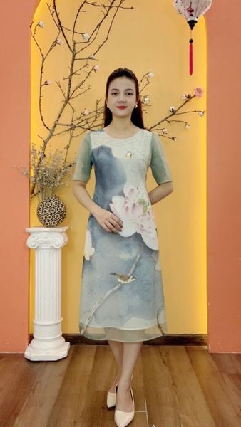 Đầm suông - Cổ tròn tay ngắn - CD - Xanh ombre - TTV1956