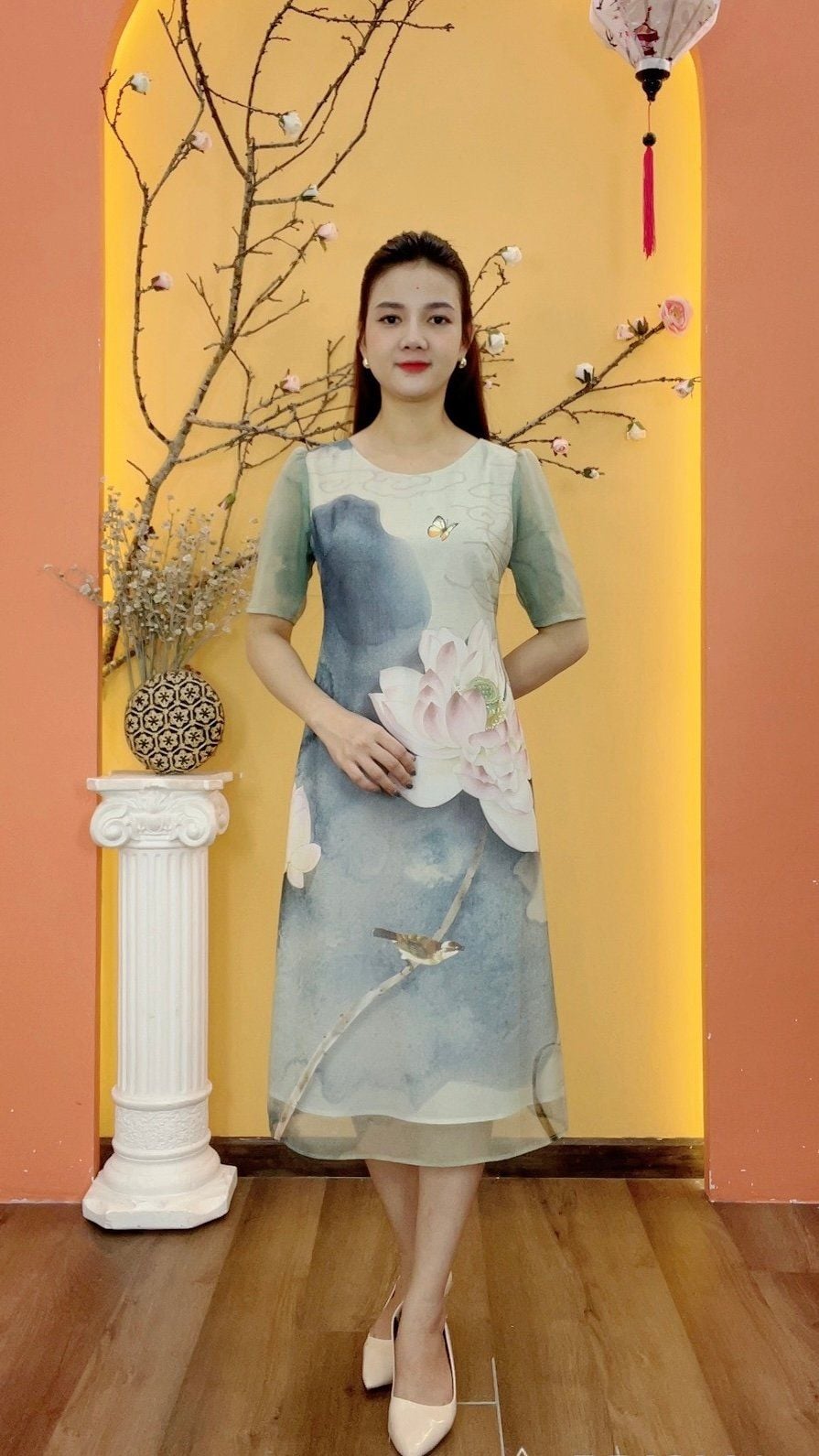 Đầm suông - Cổ tròn tay ngắn - CD - Xanh ombre - TTV1956