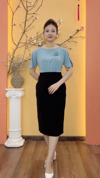 Đầm body - Cổ tròn tay cánh dơi - CD - Đen xanh - TTV1974