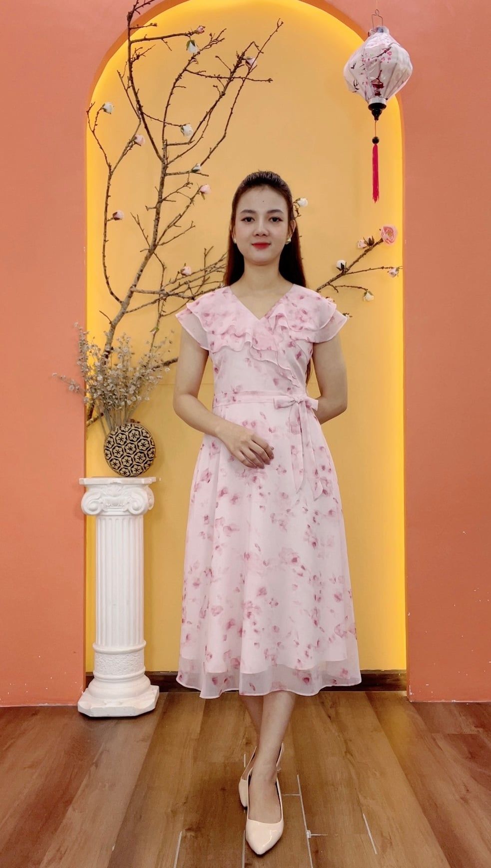 Đầm xòe - Cổ tim bèo tay sát nách thắt nơ eo - CD - Hồng hoa - TTV1942