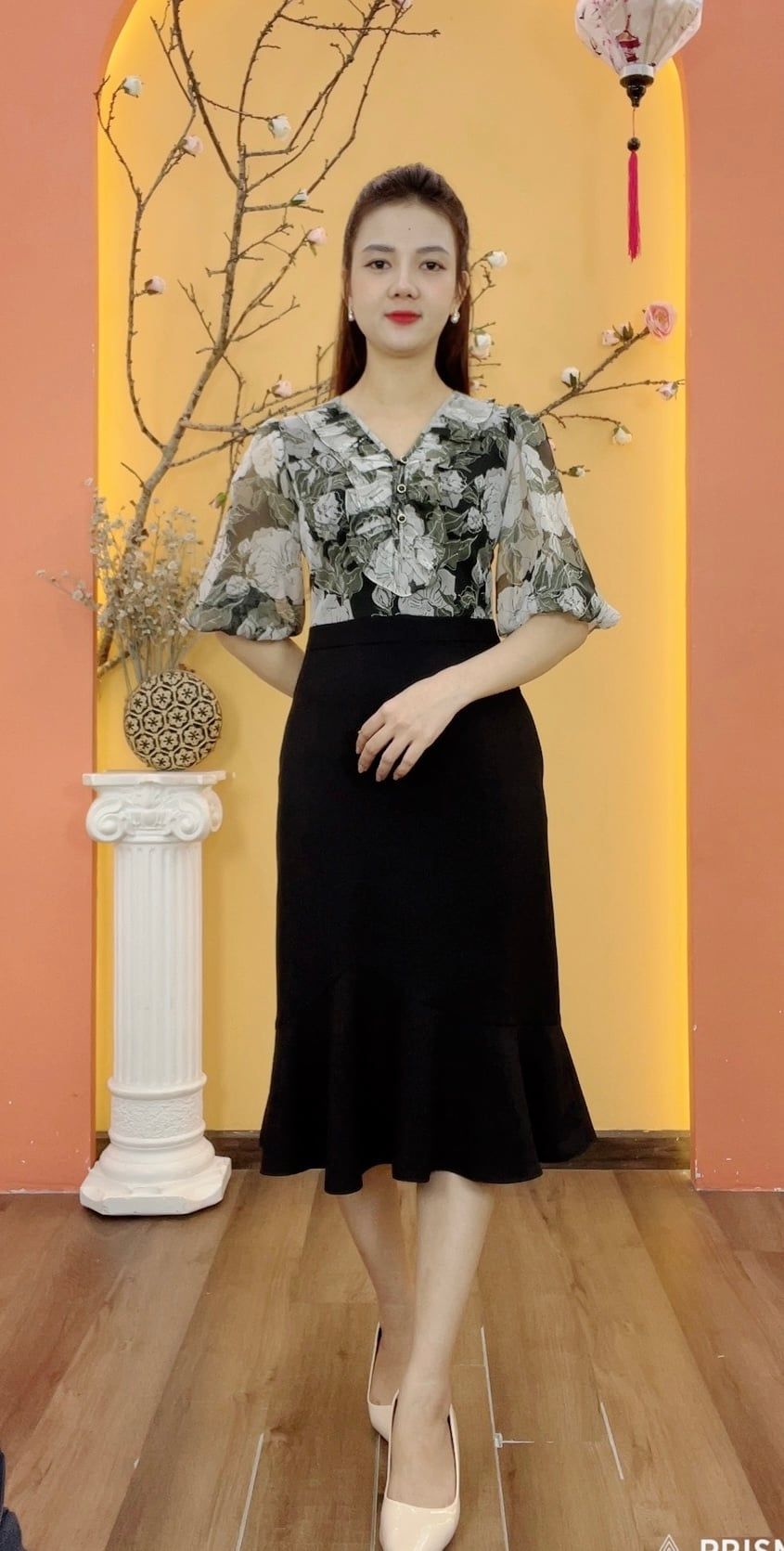 Đầm body đuôi cá - Cổ tim bèo kết nút tay lỡ - AH - Xanh rêu hoa - TTV1927