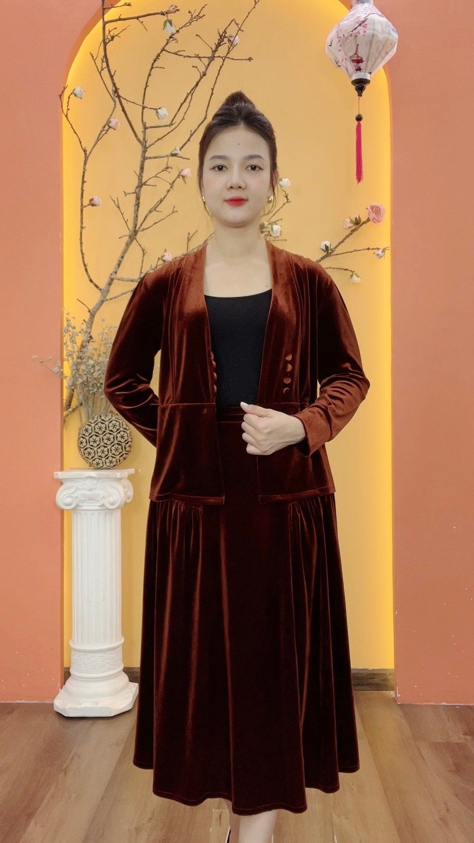 Set áo chân váy nhung - CD - Nâu - TTV1986