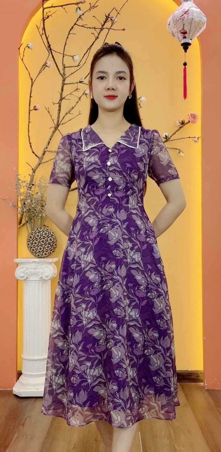 Đầm xòe - Cổ lá sen nhọn kết nút tay ngắn - CD - Tím hoa - TTV1934