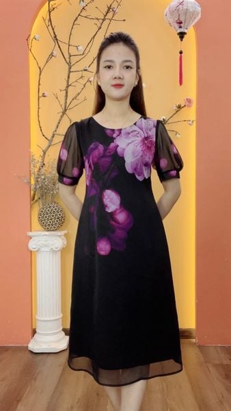 Đầm suông - Cổ tròn tay ngắn - CD - Đen hoa tím - TTV1970