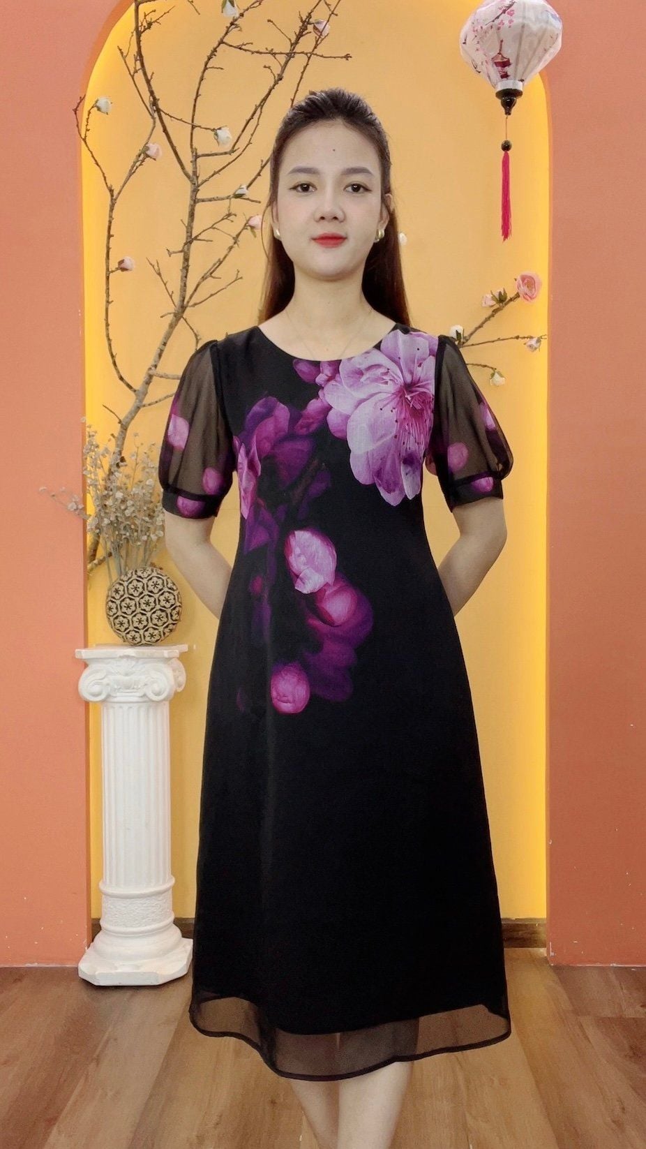 Đầm suông - Cổ tròn tay ngắn - CD - Đen hoa tím - TTV1970