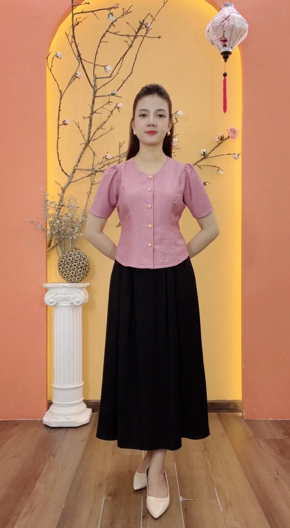 Áo - Cổ tròn kết nút tay ngắn - CT - Hồng ruốc  - TTV1933