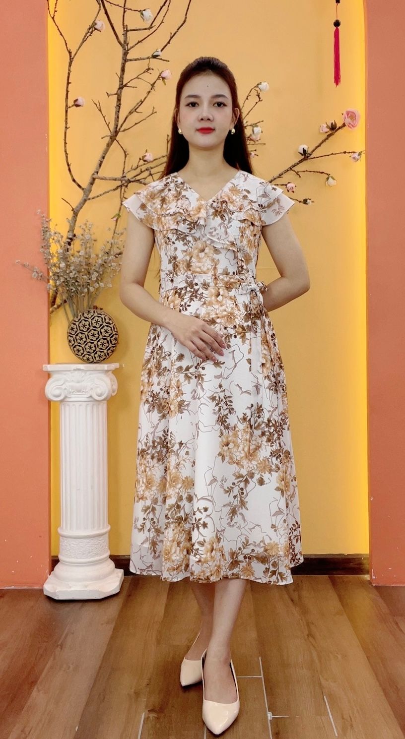 Đầm xòe - Cổ tim bèo tay sát nách thắt nơ eo - CD - Trắng hoa nâu - TTV1944