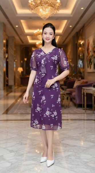 Đầm suông - Cổ tim kết dây đá bèo tay ngắn - AH - Tím hoa - TTV2033
