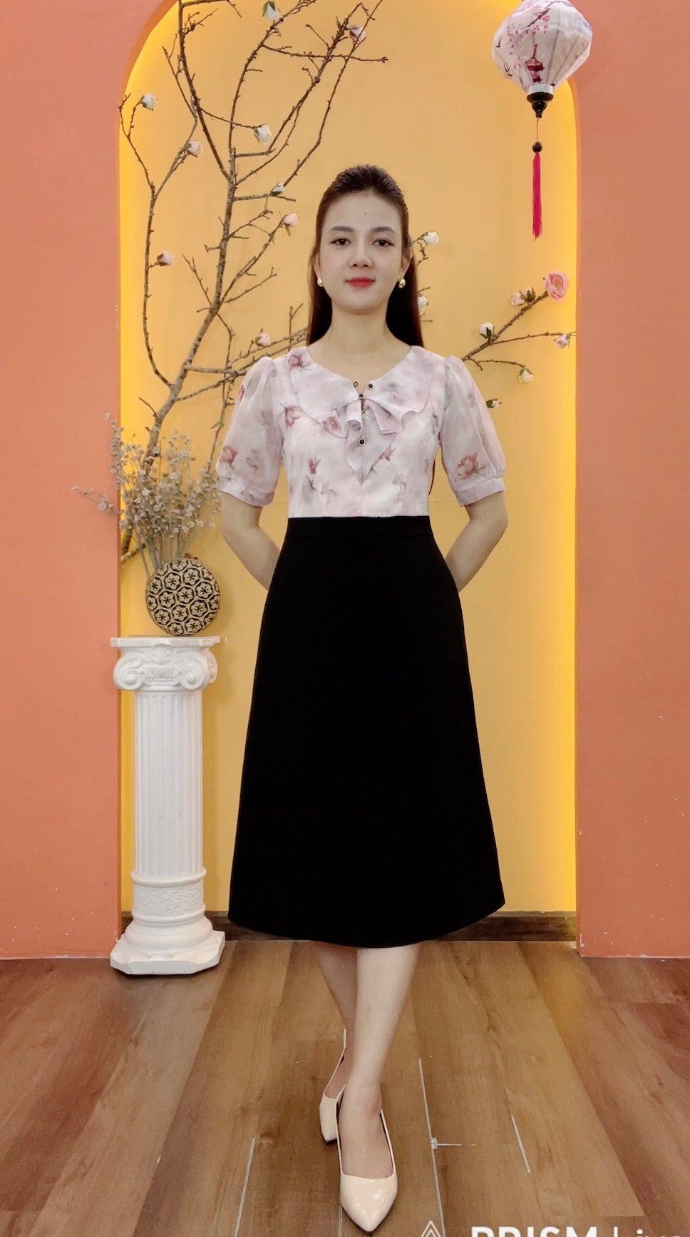 Đầm Form A -  Cổ tim bèo kết nút tay ngắn - CD - Hồng hoa - TTV1940