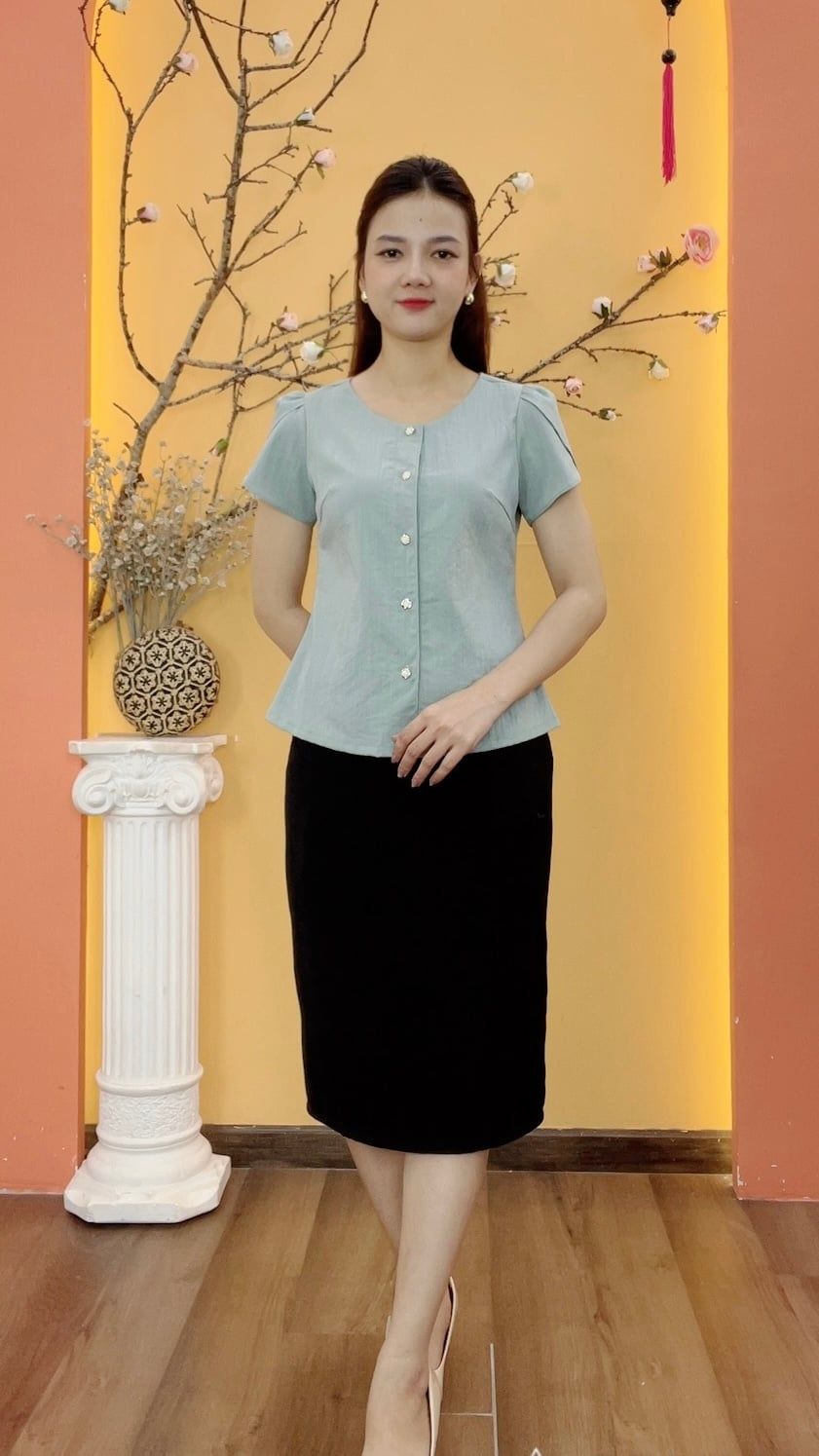 Áo - Cổ tròn kết nút thắt nơ tay ngắn - CT - Xanh ngọc - TTV1964