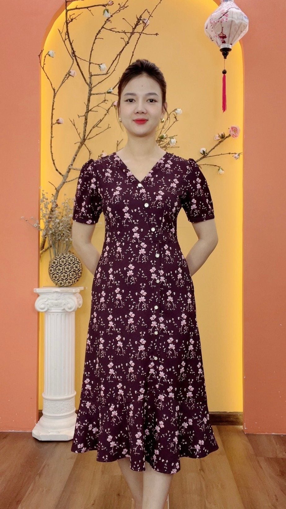 Đầm form A - Cổ tim kết nút tay ngắn - AH - Đỏ rượu hoa - TTV1975