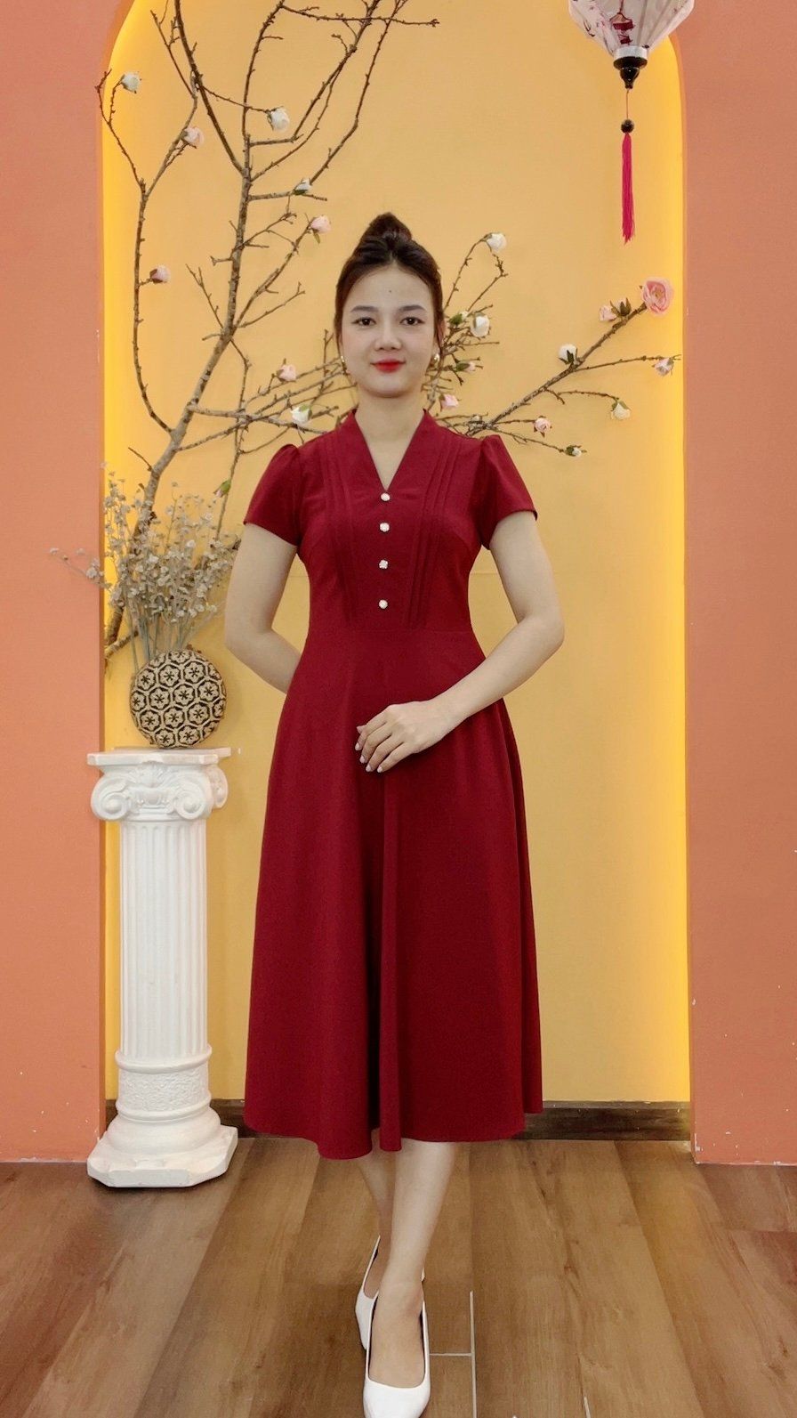 Đầm xòe - Cổ V kết nút tay ngắn - CD - Đỏ đô - TTV1979