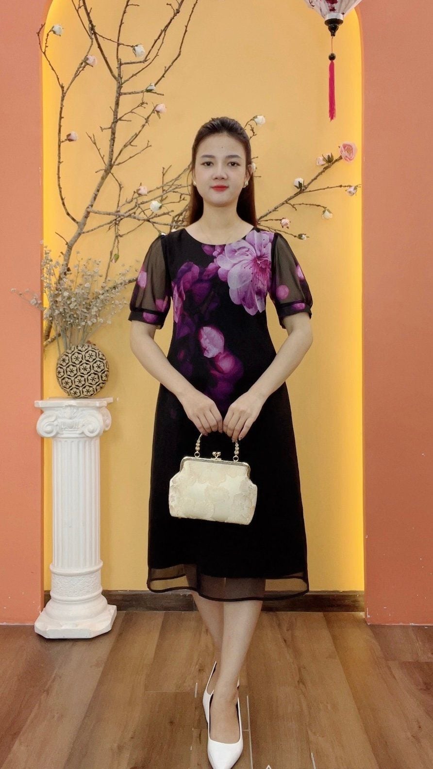 Đầm suông - Cổ tròn tay ngắn - CD - Đen hoa tím - TTV1970