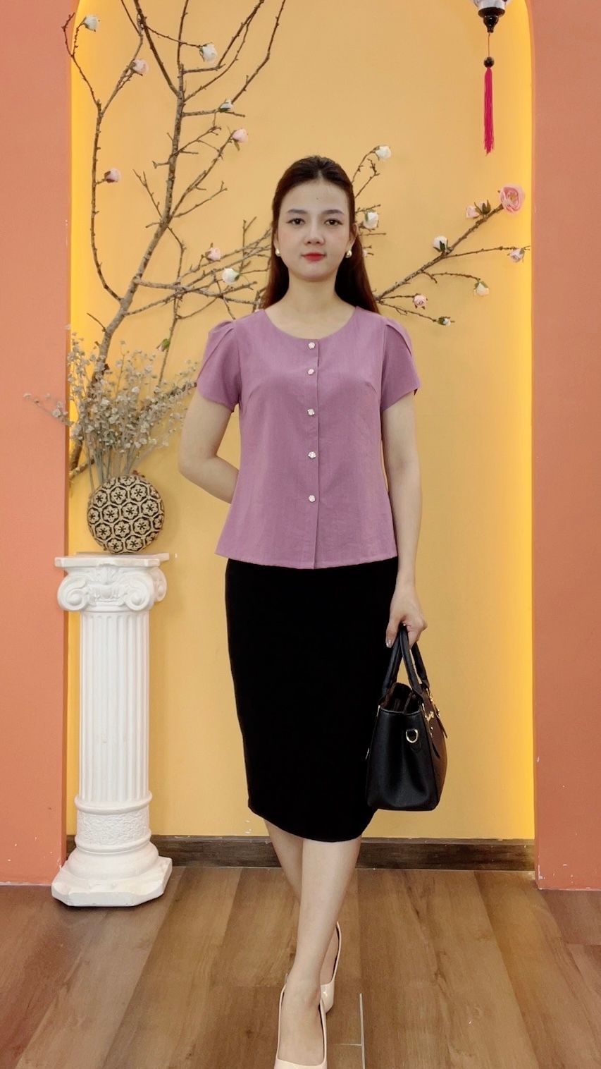 Áo - Cổ tròn kết nút thắt nơ tay ngắn - CT - Tím - TTV1964